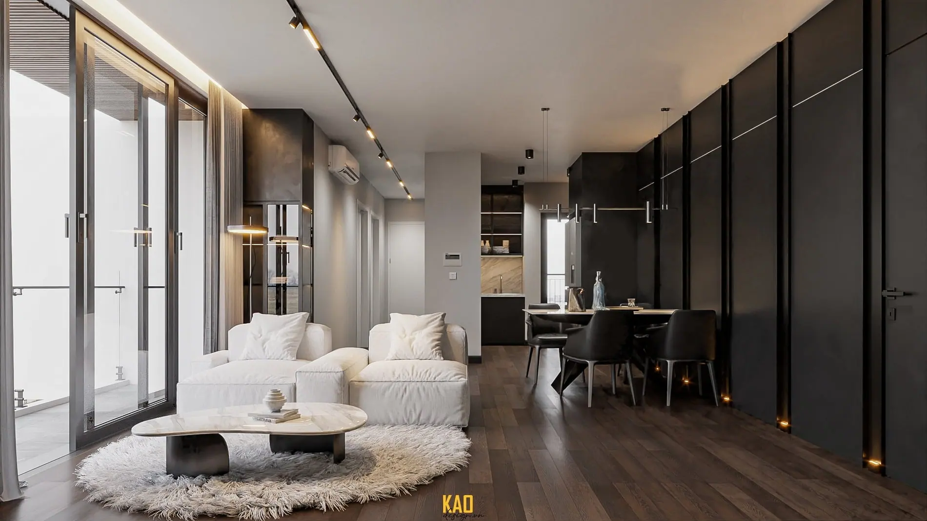Phòng khách căn hộ do KAO Design thiết kế: tường ốp đen, dải đèn hắt, sofa trắng