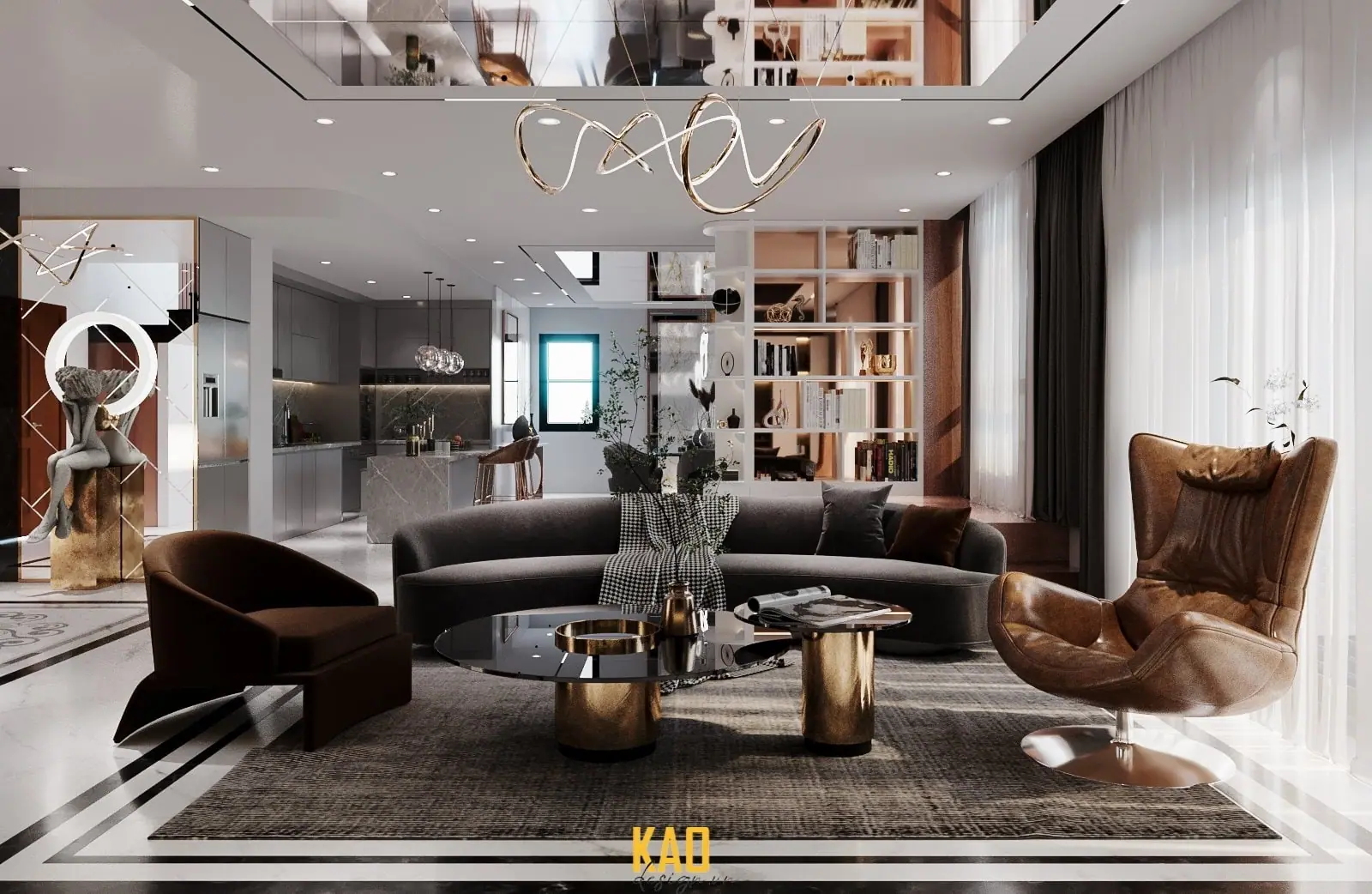 Penthouse Sadora Sala B2002 hoàn thiện, phòng khách sofa cong, ghế da